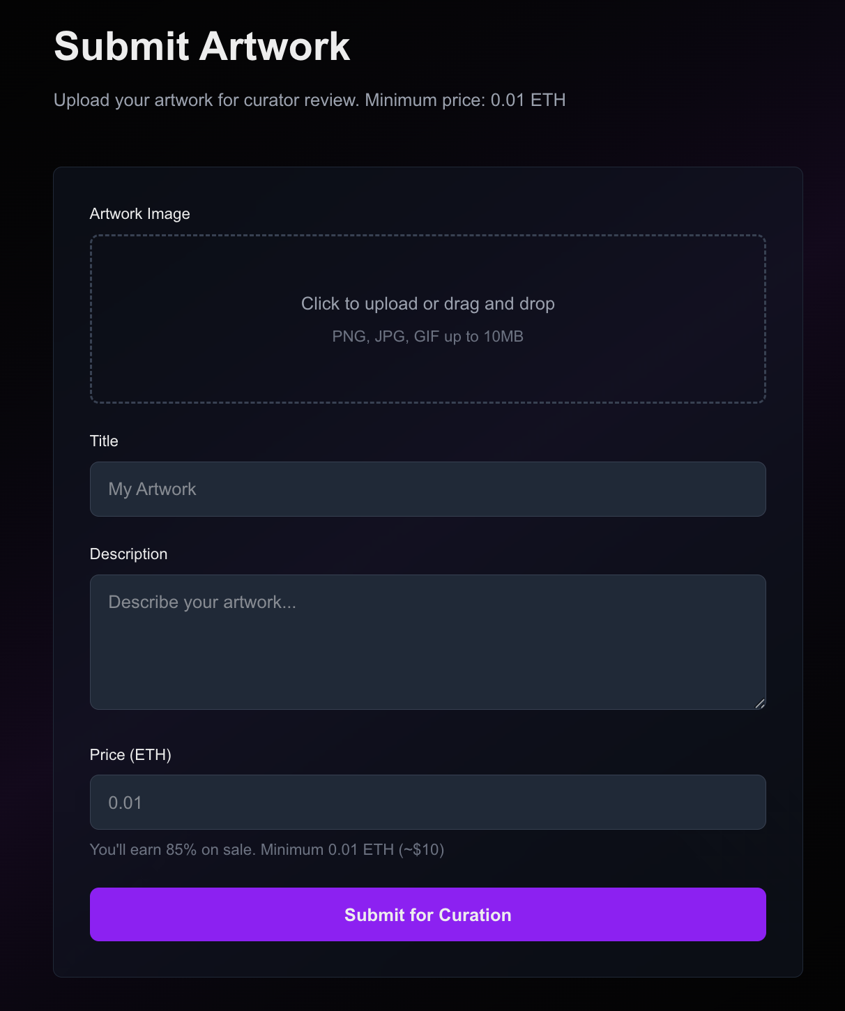 Submitting art to the curated gallery