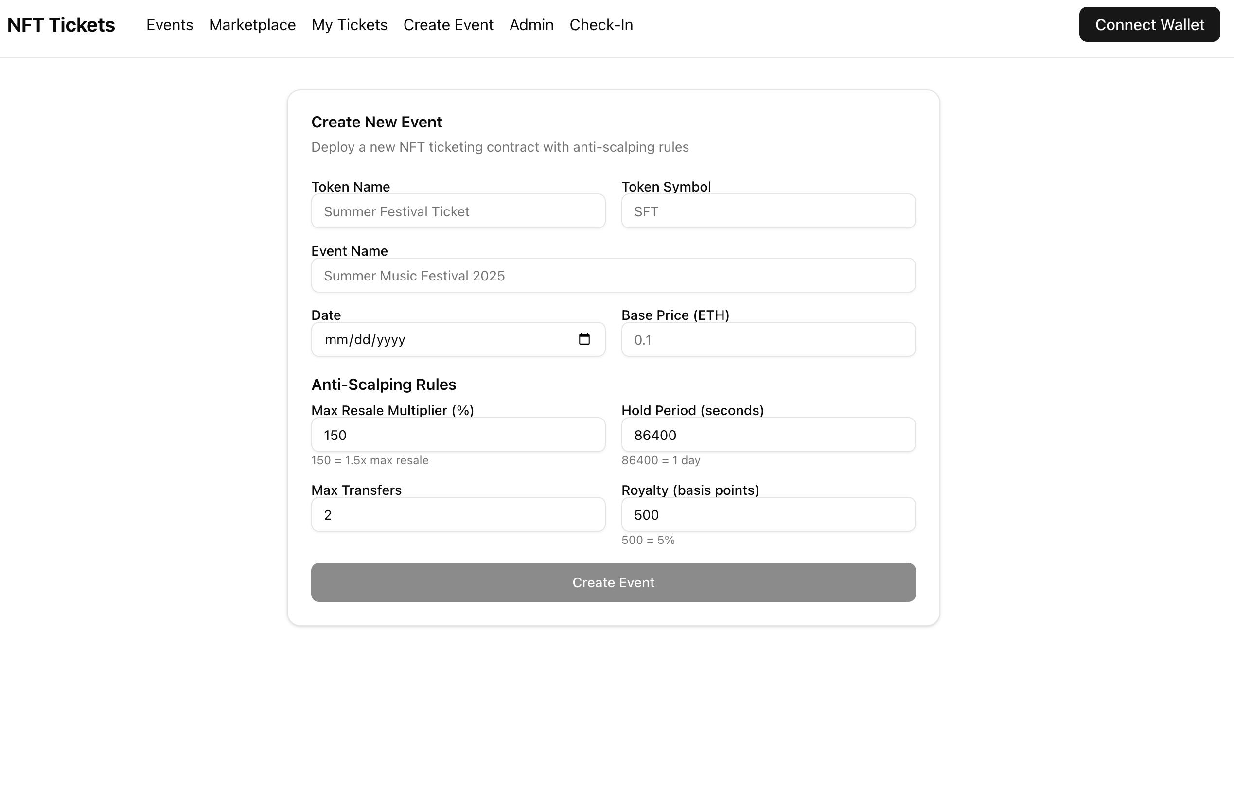 Event creation interface