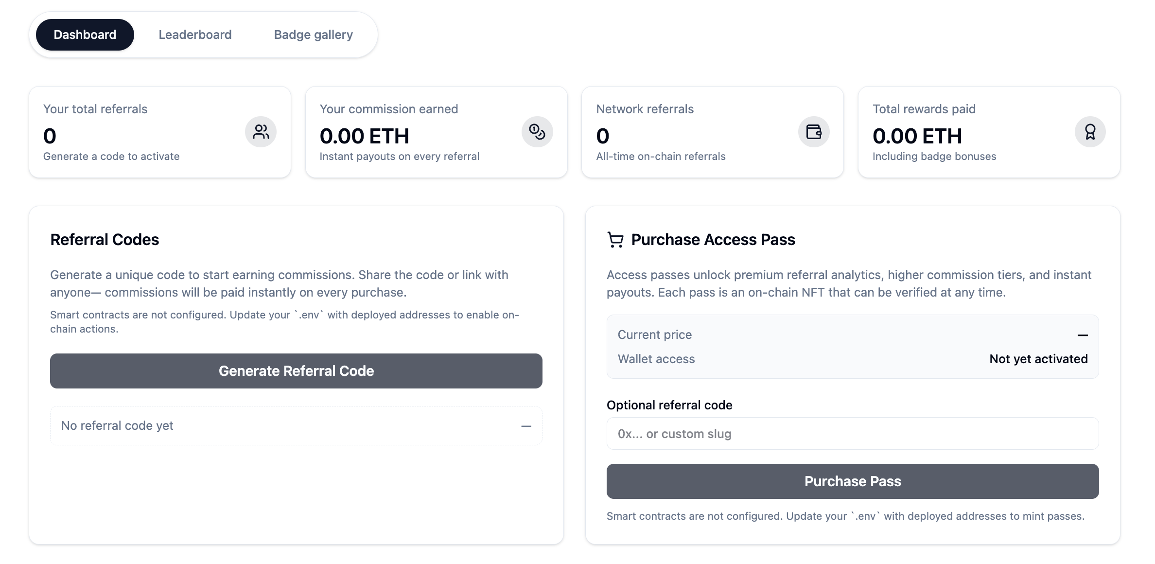 Referral dashboard showing stats and earnings