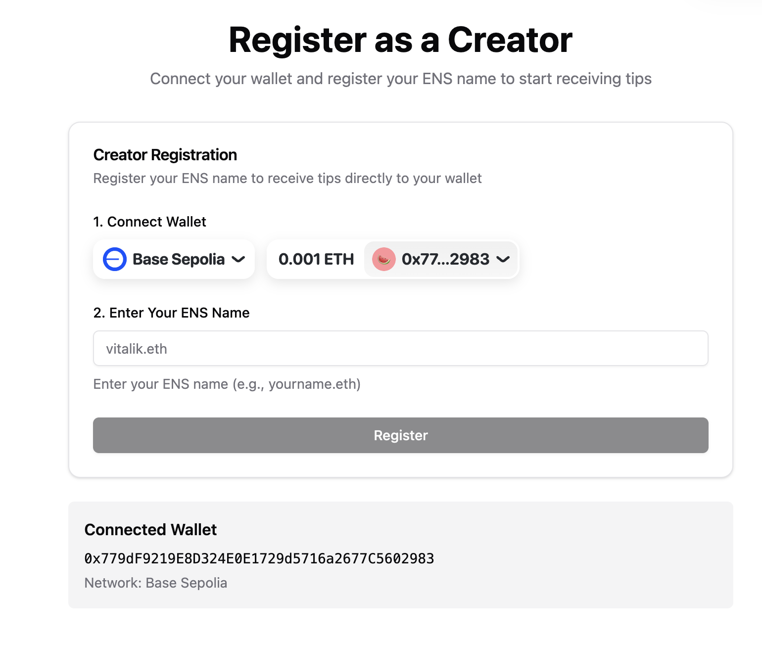 Creator registration interface
