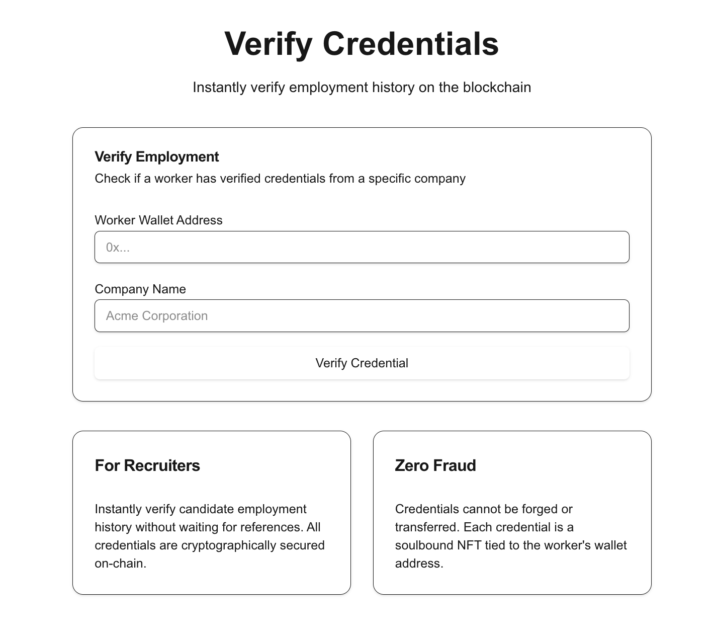 Verification page for recruiters
