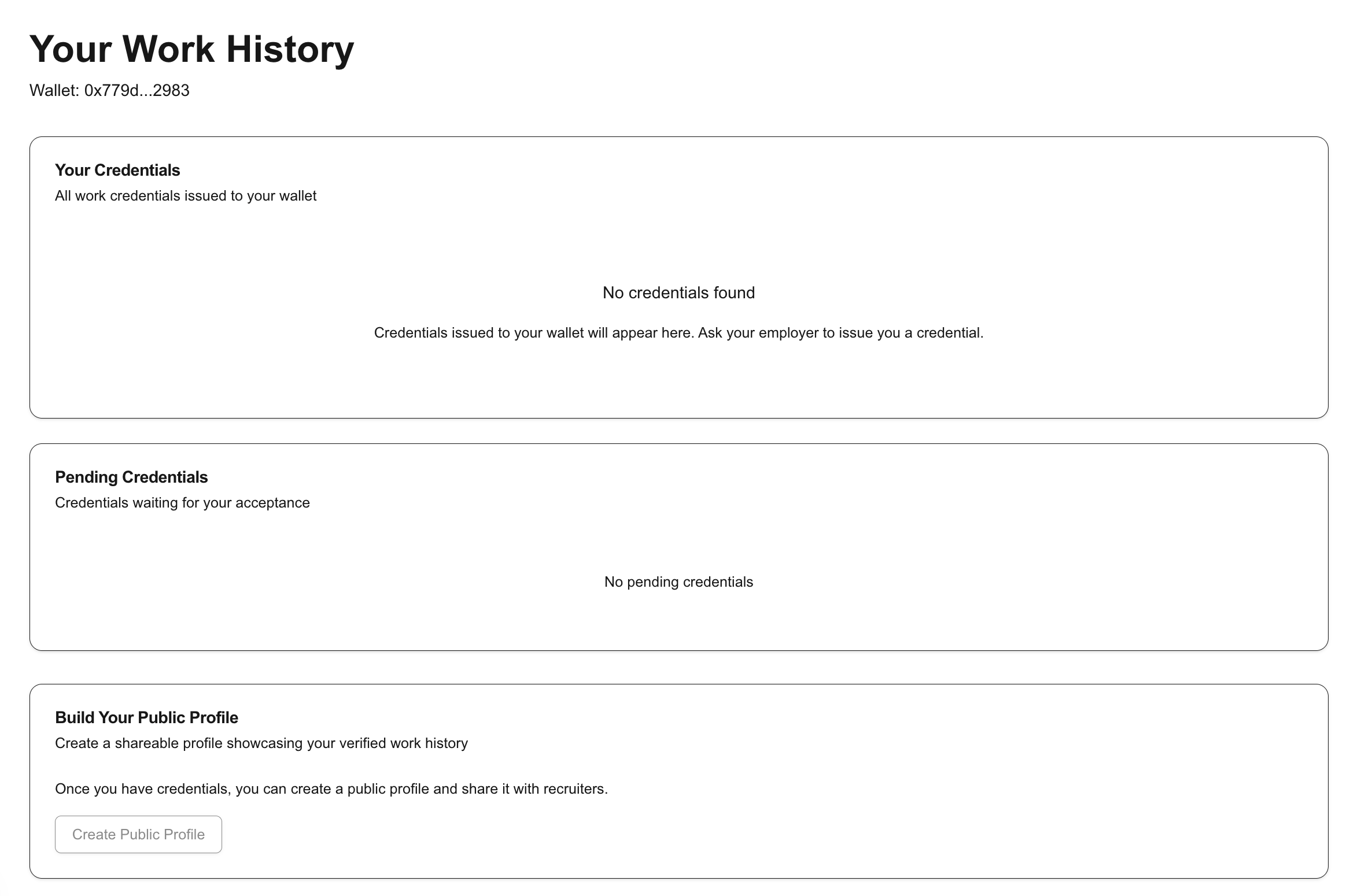 Worker dashboard showing all credentials